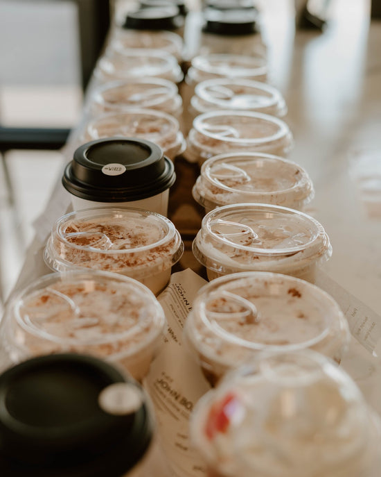 Rows of coffee drinks ordered through mobile ordering